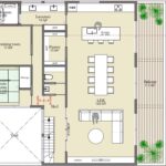 KAJAデザイン　建物プラン例 施工延床面積　405.76m2 LDKは40帖超！天井高は3.5m確保しているので更に広く感じる空間になってます。バルコニーの壁は高くすることでプライベート性は高まります。