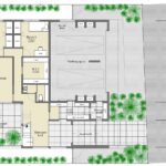 KAJAデザイン　建物プラン例 施工延床面積　405.76m2 玄関とは別にビルトインガレージ内からも室内に入れるプランです。1階の各居室はゆとりのある広さです。ライトコートも見どころの一つです。